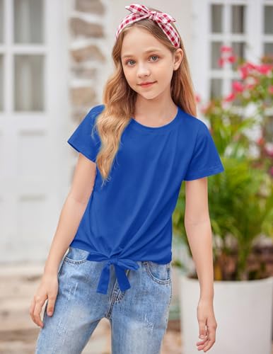 Image of Arshiner Girls Short Sleeve Shirts Tie Knot Front Tops T Shirts for Kids Crewneck Cute Casual Tie Dye Tee Blouse