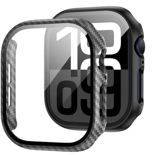 Image of JZK Screen Protector Case for Apple Watch Series 11 /10 42mm,Carbon Fibre | 2 Pack,for Apple watch Case,Hard PC Cover,Tempered Glass,Full Coverage,High Sensitive Touch,Anti-scratch,HD,Charge Directly