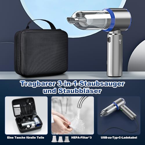 Handstaubsauger Akku, 3-in-1 Handstaubsauger, 28000PA Auto Staubsauger Stark, 3-Gang 240000 U/min Handstaubsauger Kabellos Mini Staubsauger… – Ansicht 6