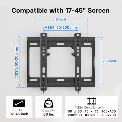 Image of BONTEC Low Profile TV Wall Mount Bracket for Most 17-45 inch LED /LCD /OLED Plasma Flat Screen TVs, Ultra Slim Tilt Wall Mount up to 30kg, Max VESA 200x200mm, Bubble Level and Cable Ties Included