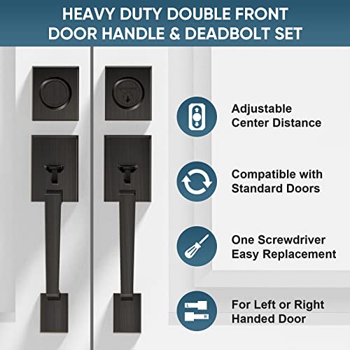 Image of TICONN Double Front Door Handle Set, Heavy Duty Square Door Lever and Single Cylinder Deadbolt Combo for Side by Side Entrance Exterior Doors (Oil Rubbed Bronze)