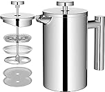 MaxMiuly Cafetiere Stainless Steel Coffee Press Double Wall French Press 4 Cup (Silver, 600ml)