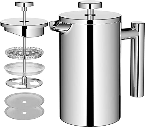 MaxMiuly Cafetiere Stainless Steel Coffee Press Double Wall French Press 4 Cup (Silver, 600ml), 0.6l