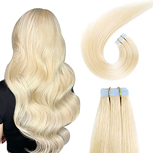 SUYYA Tape in Hair Extensions Bleach Blonde 100% Real Human Hair 24 inches 20pcs 50g/pack Straight Seamless Skin Weft Tape in Hair Extensions Human Hair Bleach Blonde(24 inches #613 Bleach Blonde)