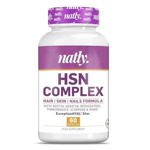 NATLY HSN COMPLEX 60 Cápsulas Veganas | Apoyo a la Salud de Pelo, Piel y Uñas | Ácido Hialurónico, Queratina, Biotina, Resveratrol, Extractos de Plantas, Vitaminas y Zinc