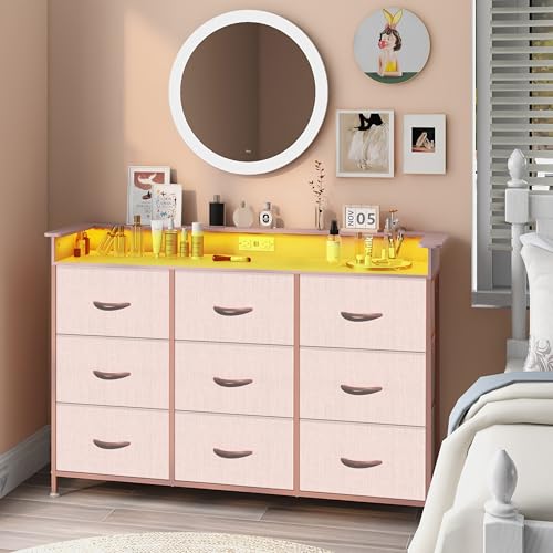 Image of EXOTICA Pink Dresser with LED Light for Girls Bedroom 9 Drawer Dressers with Charging Station Chests of Drawers for Living Room Entryway Closet Hallway Sturdy Steel Frame Wooden Top Easy Pull Handle
