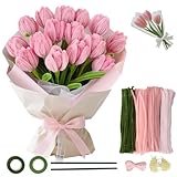 Cozary 400 Stück Tulip Bouquet Pfeifenreiniger Set (4 Farben), Pipe Cleaner mit 20 Stück Grünem Bastelfaden, 2 Stück Klebeband, 1 Stück Schleifenband & 160 Stück Blumen Staubblatt für DIY Blumenstrauß