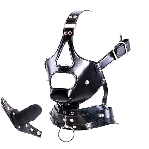 YILUQIFLY Schwarzer PU Leder Kapuze Bondage Kopf Maske Harness mit abnehmbarem Penis Mund Knebel Kopfhaube Maske BDSM Restraint