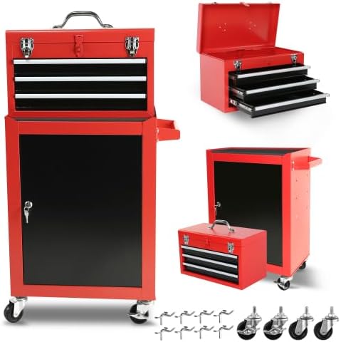 LuckyNoteCofre con ruedas con 3 cajones, caja de herramientas con armario de almacenamiento grande y estante ajustable, caja superior portátil