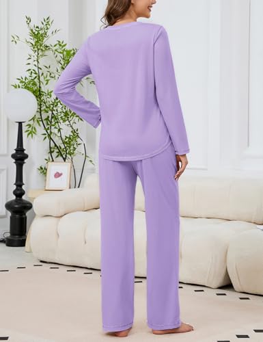 Image of KCW Womens Pajamas Sets 100% Cotton 2 Piece Lounge Set Long Sleeve Tops and Pants Soft Pjs Sleepwear with Pockets