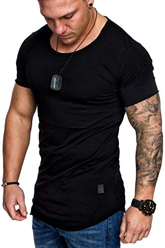 Amaci&Sons Oversize Herren Vintage T-Shirt Verwaschen Crew Neck Rundhals Basic Shirt 6005 Schwarz L
