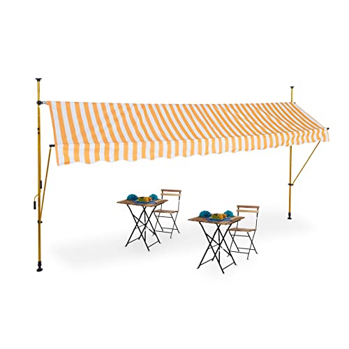Relaxdays Klemmmarkise, 400 cm breit, höhenverstellbar, ohne Bohren, UV-beständig, Sonnenschutz für Balkon, weiß-orange
