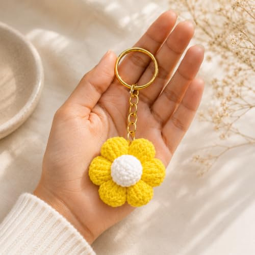 Image of Handmade Crochet Keychain for Women & Girls, Cute Yarn Key Ring, Bag Charm, Car Key Holder & Gift, Aesthetic Handmade Floral Accessory