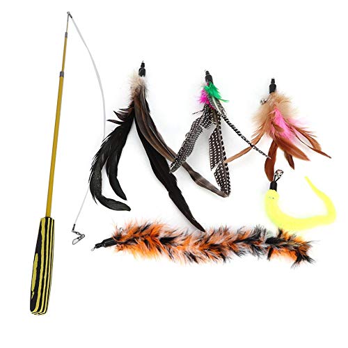 Sheens 5pcs Cat Feather Teaser Stick Toy, Gatito para Mascotas Varilla telescópica de Varilla de Tres Secciones con 5 Gatos de Repuesto Rascando Persiguiendo Juguetes con repuestos de Campana
