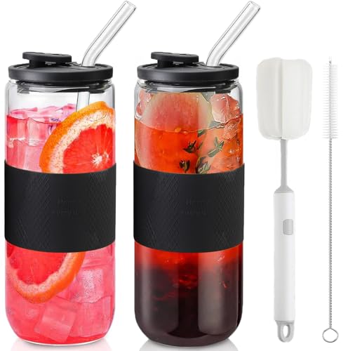 CJWLKJ Lot de 2 gobelets en verre en forme de canette de 700 ml avec couvercles en silicone et pailles en verre, verres à boire avec couvercles et pailles, manchons en silicone, verres à bière, tasses