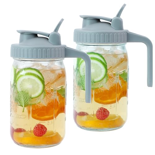 Mason Jar Pitcher Wide Mouth 2 Pack 32 OZ Glass Jars With Pour Spout Lids Airtight Leak-proof 1 Quart Water Pitcher With Handle For Iced Tea, Milk, Sun Tea, Lemonade, Iced Coffee
