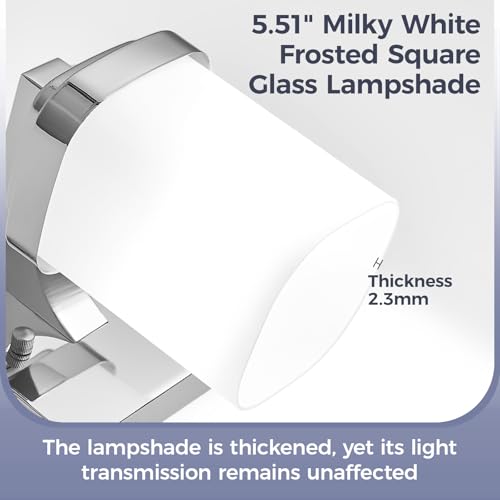 Image of 17 Inchs Bathroom Vanity Light, 3-Light Chrome Bathroom Light Fixtures Over Mirror, Bathroom Light Shower Lamp with Milky White Square Glass Shade, Modern Farmhouse Lighting Fixtures