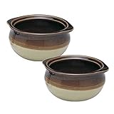 SET OF 2 - 10 Oz. (Ounce) French Onion Soup Bowl, Crock Bowl, Single-Serving, Ceramic, Two-Tone Color, Flat Rim, Two-eared Rim Handle