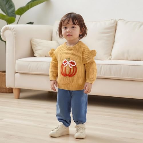 Toddler Baby Girl Halloween Knit Sweater Pumkin Embroidered Long Sleeve Pullover Chunky Tops Cute Winter Fall Clothes3