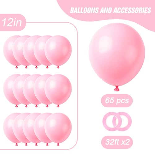 Image of RUBFAC Pink Balloons 65pcs, 12 Inch Baby Light Pink Party Balloon with Ribbons for Valentine's Day, Birthday, Wedding, Baby Shower, Gender Revelation Party Decorations