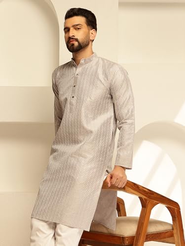 Image of SOJANYA (Since 1958 Men's Silk Blend Contrast White Thread Detailing Kurta With White Pyjama