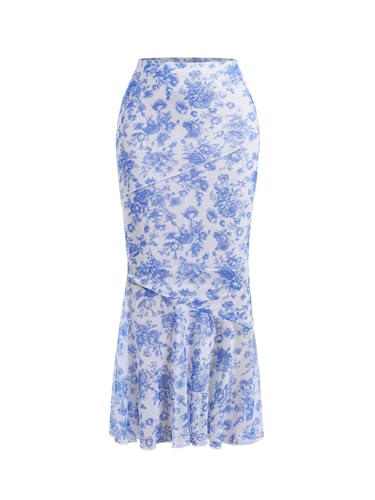 Milumia Women's Floral Mesh Ruffle Hem Maxi Skirt High Waisted Fishtail Long Skirts