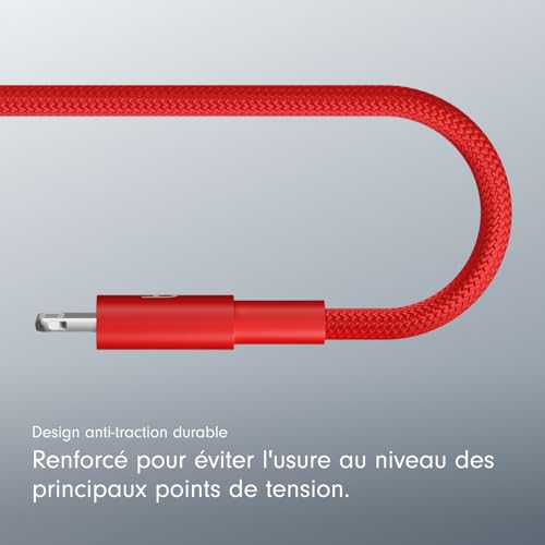 Beats USB-C vers Lightning Câble tissé , charge rapide, durable/anti-nœuds, chargeur compatible pour les appareils Apple à port Lightning (1,5 m) - Rouge flash