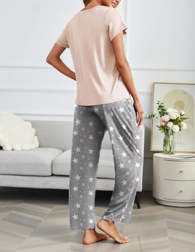 Image of Ekouaer 2 Pack Pajamas for Women Set Short Sleeve Pj Top and Printed Pants | Soft PJs Cozy Printed Lounge Sets Comfy Sleepwear with Pockets