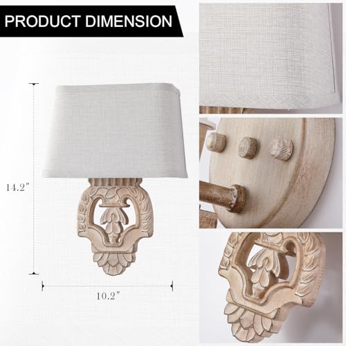 Image of Rustic Wall Sconce with Linen Shade Mini Vintage Antique Wood Wall Light Fixture Retro Farmhouse Mid Centry Wooden Wall Sconce for Bedroom, Hallway, Fireplace, Living Room, 2-Pack, E12