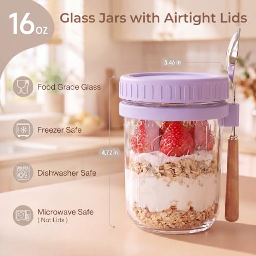 Image of 16oz Glass Overnight Oats Containers with Lids and Spoons, 4 Pack Purple
