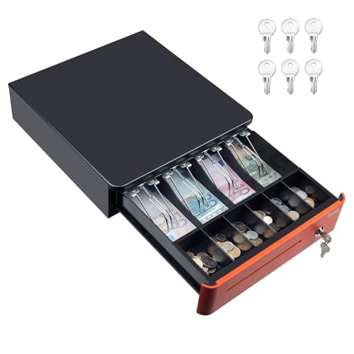 Tera Elektronische Kassenschublade mit 1 Herausnehmbarem Münzfach, geldscheine Geldlade touch, 4 Geldscheinfächern und 1 Medienfach, Geldschublade für kleine Unternehmen Geschäfte, Modell 330R Orange