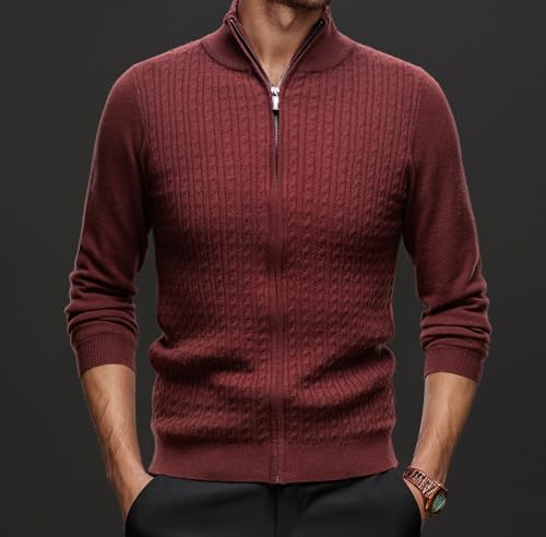 Men's Mock Neck Zip Up Cardigan 100% Wool Classic Knit Long Sleeve Zipped Sweater2