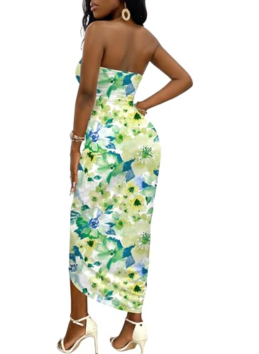 Image of Umenlele Women's Strapless Ruched High Waist Wrap Split Asymmetrical Beach Maxi Long Dress