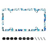 Butterfly License Plate Frame Blue Butterfly Print License Plate Holder Stainless Steel Auto Parts Decoration with Screws for Men Women License Plate 4 Holes 1pcs