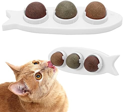 Pinenuts Catnip Balls Toys, 3 in 1 Rotatable Catnip Edible Wall Ball, Natural Catnip Roller Ball, Self-Adhesive Catnip Licking Ball Cat Chew Toys for Indoor Cats Kitten Kitty(White)