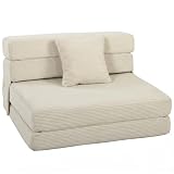 HOMCOM Canapé Lit Pliant 2 en 1, Chauffeuse 1 Place Convertible Velours Côtelé, Matelas Pliable, Coussin Épais Dossier Oreiller Poches Latérales, Entièrement Compressé Aucun Assemblage Requis, Crème