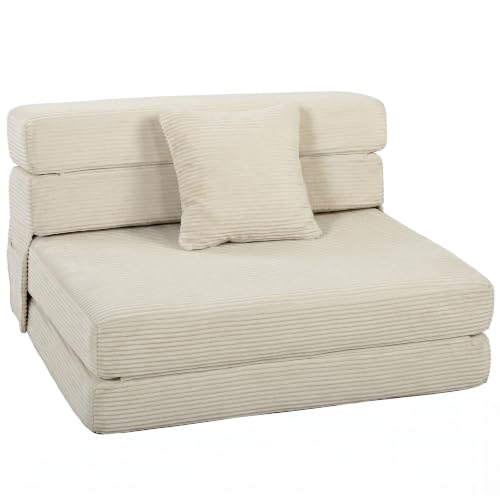 HOMCOM Canapé-Lit Pliant 2 en 1, Chauffeuse 1 Place Convertible Velours Côtelé, Matelas Pliable, Coussin Épais Dossier Oreiller Poches Latérales,...