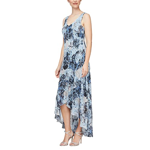Image of Alex Evenings Womens Sleeveless Printed Chiffon Midi Spring /Summer Mother of The Bride Dress with Jacket & High-Low Hemline