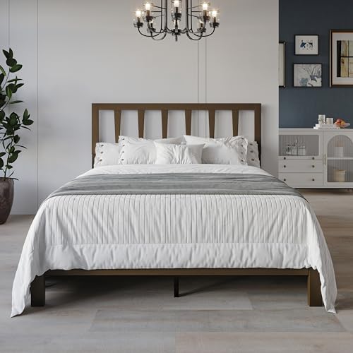 HOME DESIGN Elmira Queen Wood Platform Bed, Solid Wood Frame with Adjustable Height Headboard Leg, Easy Assembly, Brown 