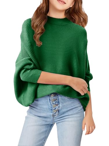 Girls Oversized Pullover Sweater Kids Fashion Batwing Long Sleeve Ribbed Knit Fall Tops Green
