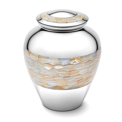 Brass Mother of Pearl Large Cremation Urns for Human Ashes Adult Size Male Female Funeral Memorial Urns for Mom Dad Son Men Women with Secured Lid Silver Finish 9