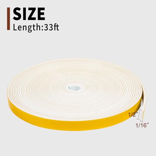 Image of Yotache White Thin Weather Stripping 1 /2 inch x1 /16, 33 Ft | Foam Gasket Seal Tape for Window, Sliding Door Jamb, Speaker, Dashboard