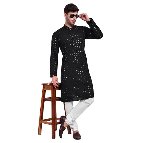 Image of Rayon Ethnic Wear Full Chikankari Sequin Embroidery Mirror Work Traditional Straight Kurta Pyjama Set for Men