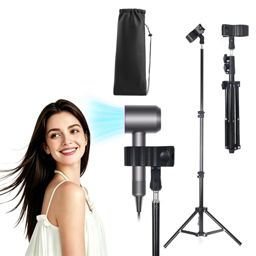 Siangyueglow Hands Free Hair Dryer Stand with Tripod 23.6-47.2 Inch Adjustable Height 180 Rotating Universal Clip Foldable Metal Blow Dryer Holder for Bathroom Vanity Makeup Room Home Styling & Pet Grooming Fits Most Hair Dryers
