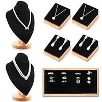 RattanView 7 Pcs Velvet Jewelry Bust Display for Vendors with Bamboo Stand Set Necklace Display Stand Bamboo Ring Earring Organizer