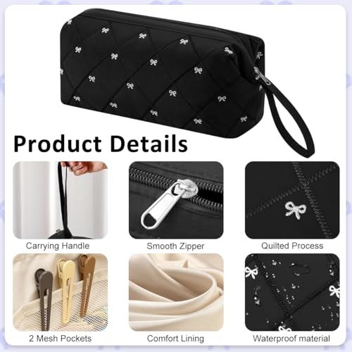 Image of MAYCREATE Hair Dryer Storage Bag Hair Styling Tool Travel Organizer Bags Zipper Storage Bag Sweet Bow Quilted Cotton Organizer Bags, 35x20x15cm, Black