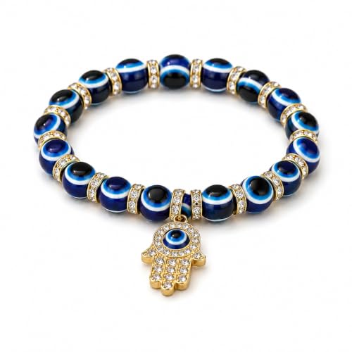 Image of Evil Eye Hamsa Hand Protection Bracelet for Men & Women | Blue Evil Eye Beaded Stretch Bracelet with Hamsa Charm | Adjustable Lucky Bracelet for Daily Wear, Gift & Spiritual Jewelry