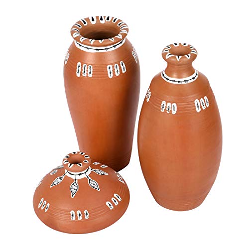 Image of Aakriti Art Creations Vase Earthen Natural Warli Set of 3 | Handmade Terracotta Flower Vases | Natural Brown Matte Finish Warli Art Decorative Vases for Living Room, Table Decor & Gifting
