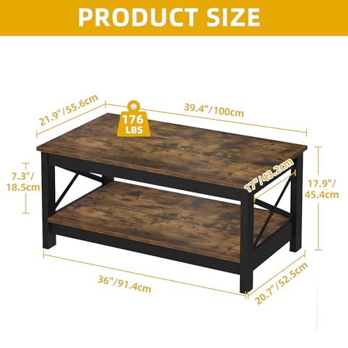 DWVO Brown Coffee Tables for Living Room Storage Coffee Table Wood Coffee Table with Thicker Legs 2 Tier Modern Coffee Tables Center Table for Living Room, Brown
