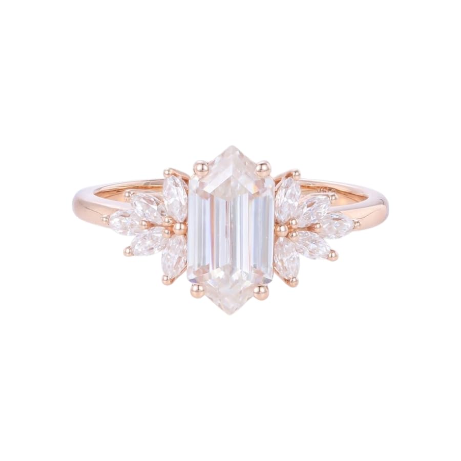 Elongated Hexagon Cut Moissanite Engagement Ring in Rose Gold Dainty Art Deco Bridal Promise Ring Vintage Wedding Ring Diamond Cluster Ring